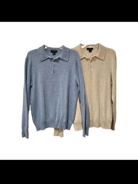 Cashmere Men’s Long-Sleeve Polo Sweaters - Blue & Beige